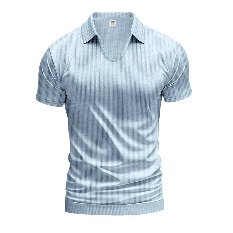 Men's casual V-neck loose fit short sleeve t-shirt in cotton blend fabric shown in multiple colour options