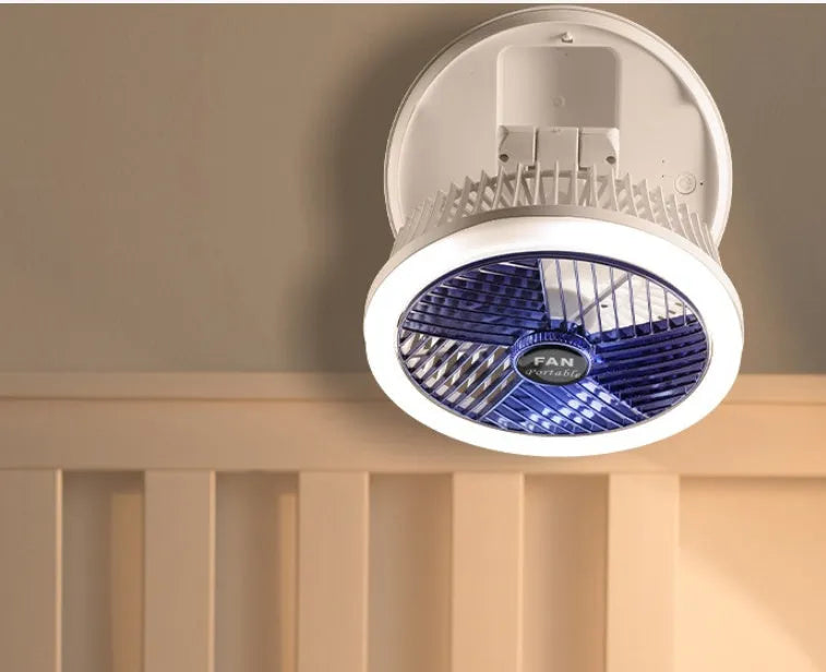 Blue or grey foldable USB fan with LED light showing desk and wall mounting options
