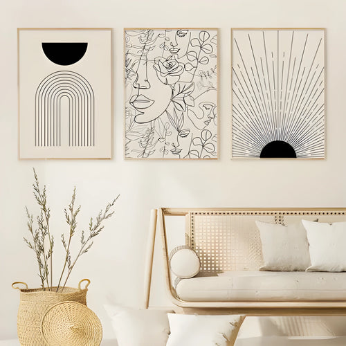 Boho abstract lines spray-painted canvas wall art in frameless design