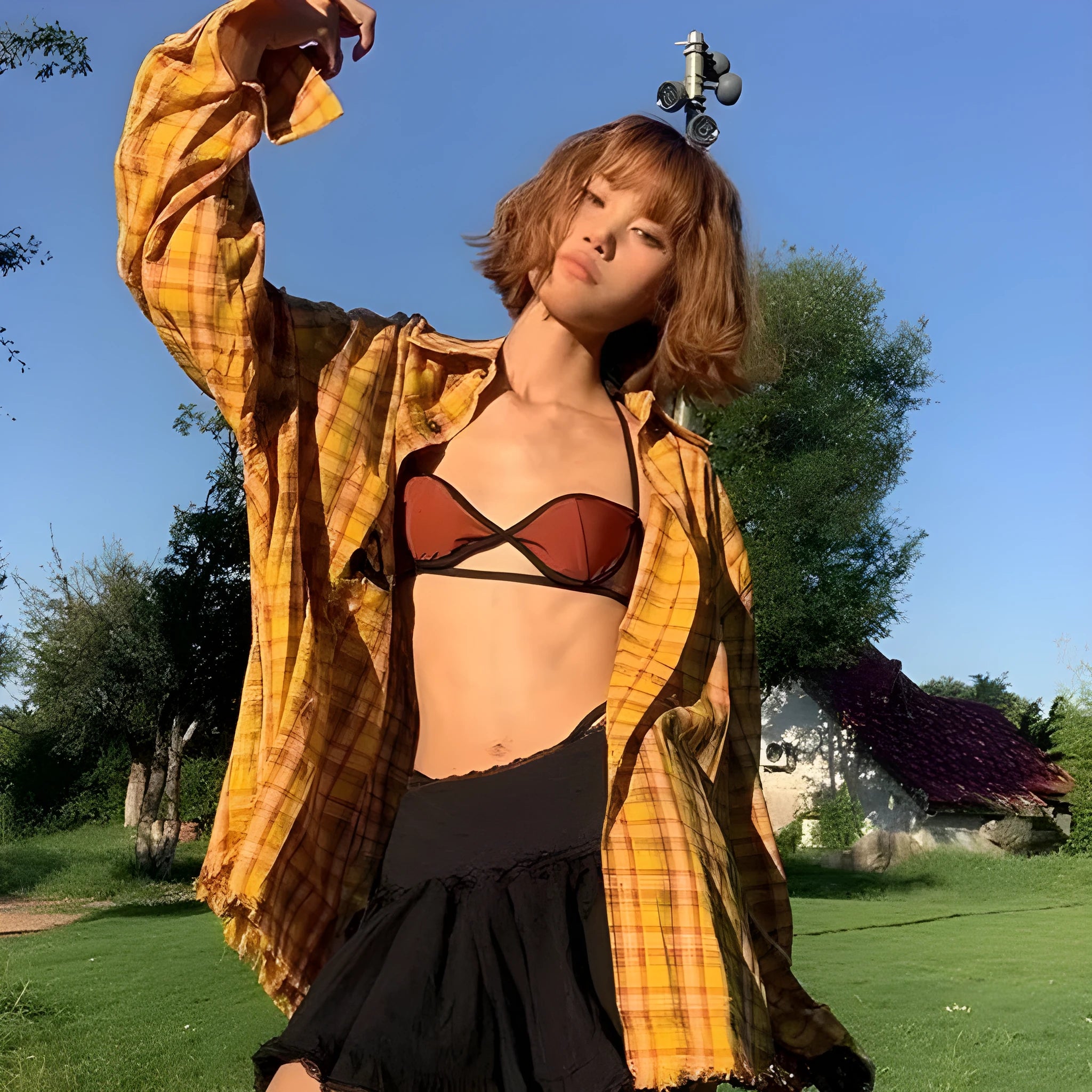 Original American dopamine yellow plaid shirt in loose cardigan style with polyester fibre blend fabric