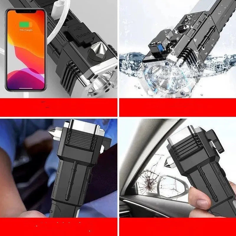 Silver plastic LED torch with integrated power bank, shown with USB port for charging devices.
