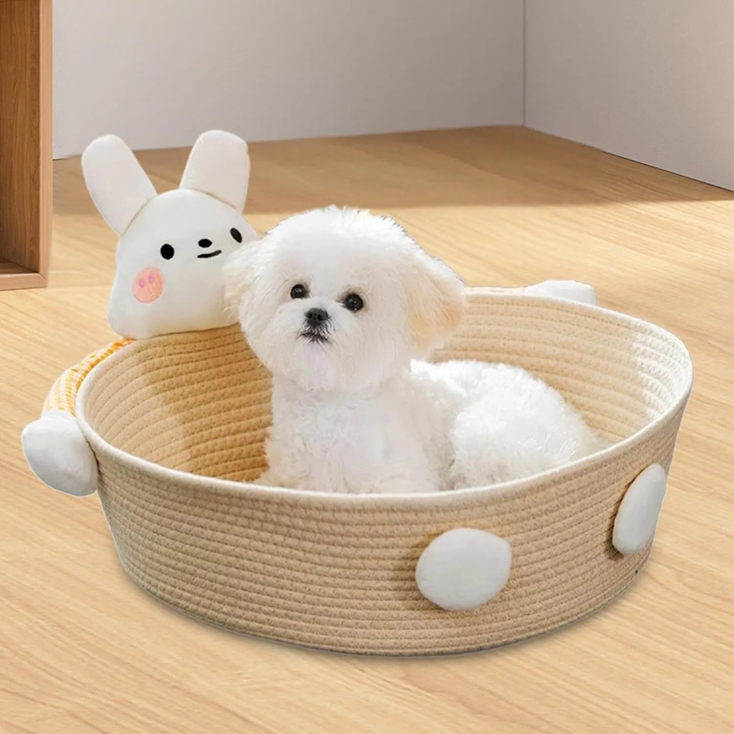Cotton rope woven cat bed with scratching board rabbit motif for indoor cats