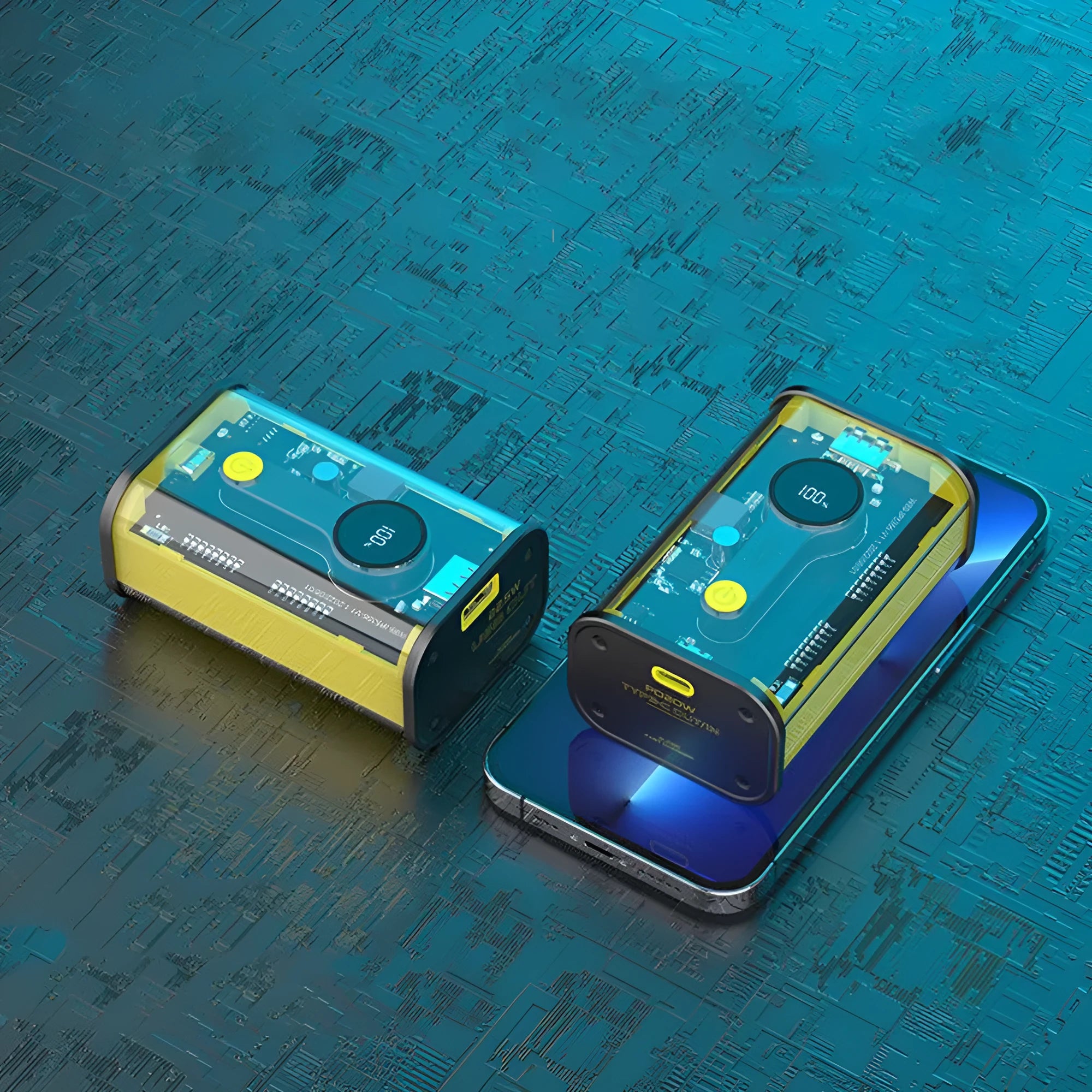 Transparent industrial power bank showing internal components with 10000mAh capacity and multi-U ports