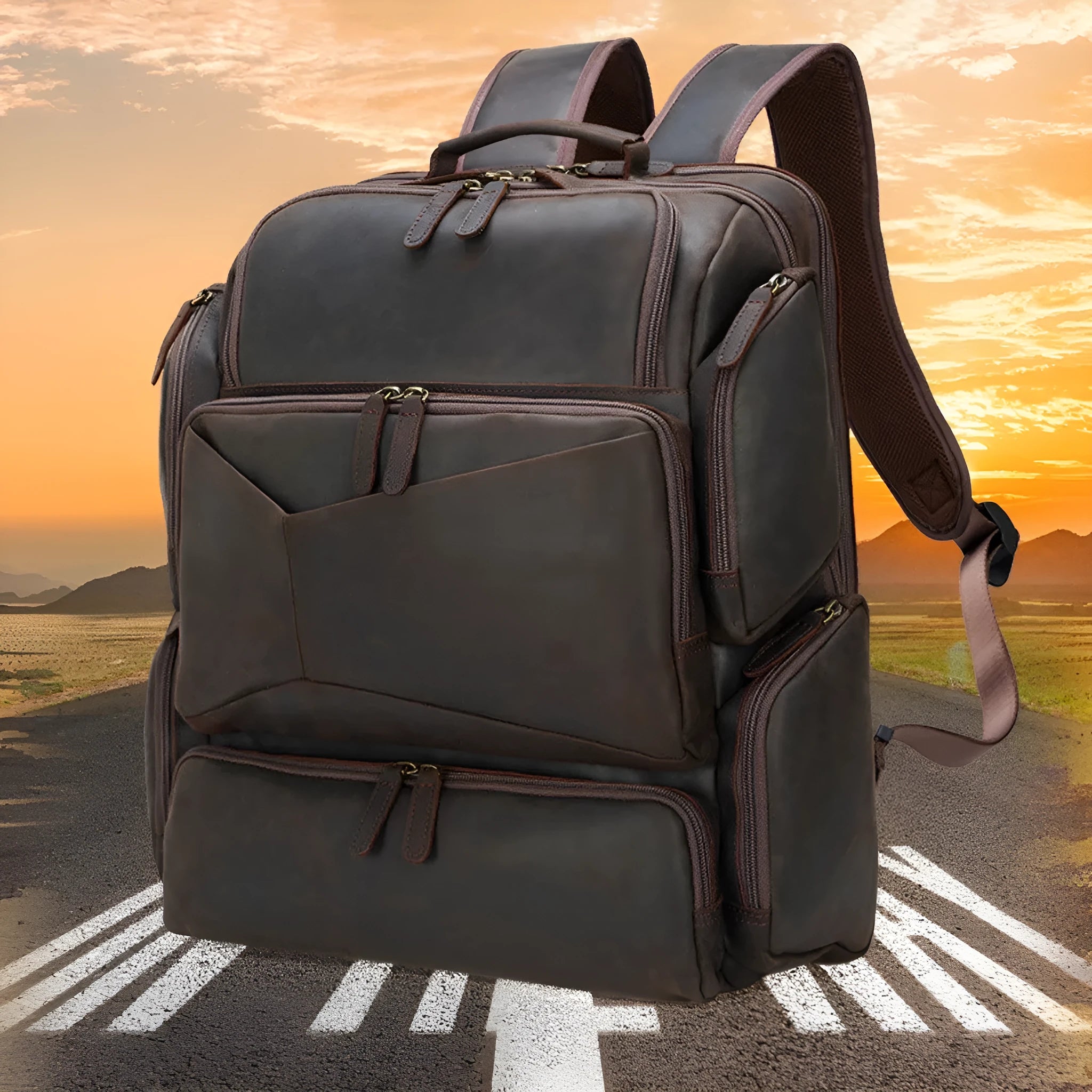 Dark brown retro crazy horse leather men's backpack open to show 17-inch laptop compartment and internal pockets.