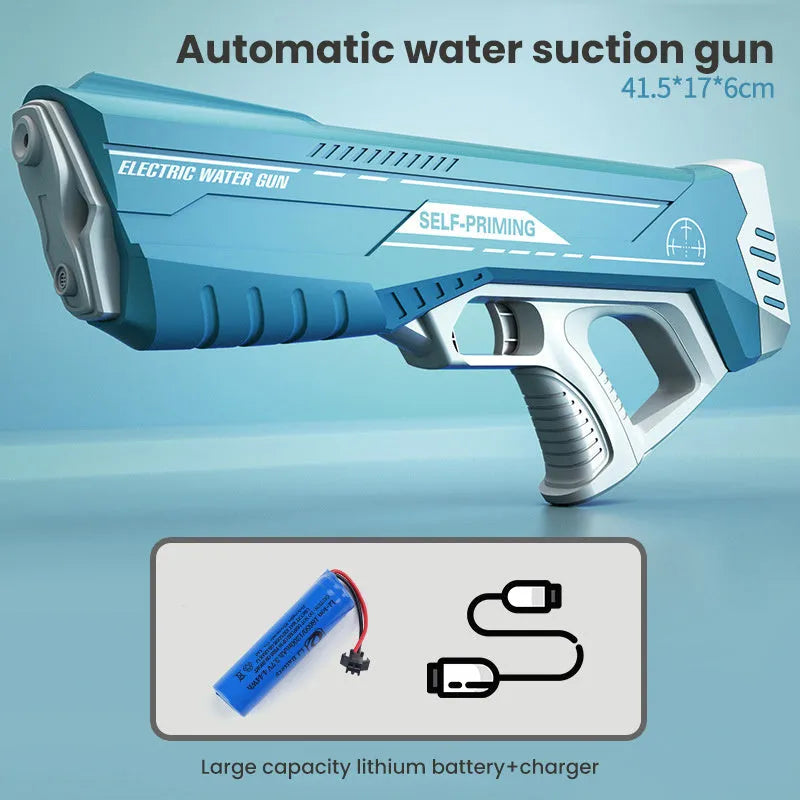 Blue electric water gun with USB charging cable and automatic straw