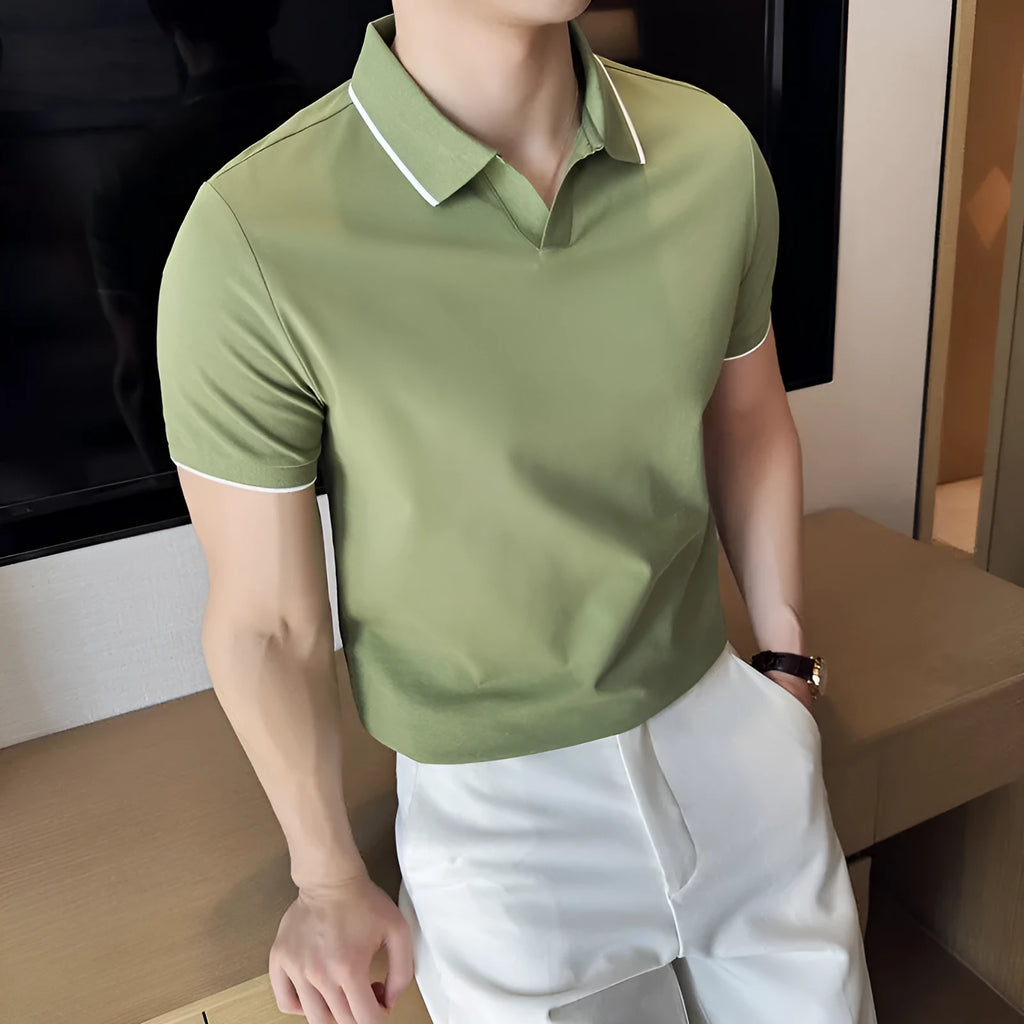 Men's short sleeve polo shirt in mercerized cotton blend fabric with lapel collar, shown in multiple colour options