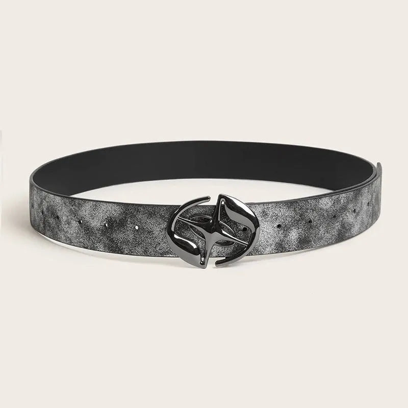 Retro women's thick belt with oval alloy buckle in antique grey-white finish