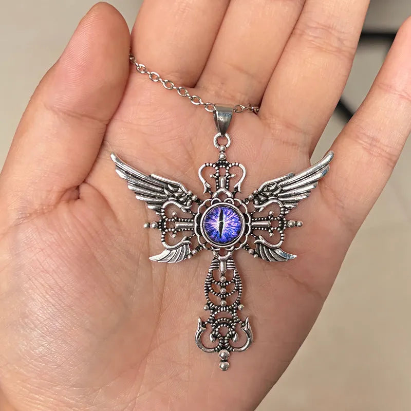 Geometric devil wings cross pendant necklace in alloy with multiple colour options