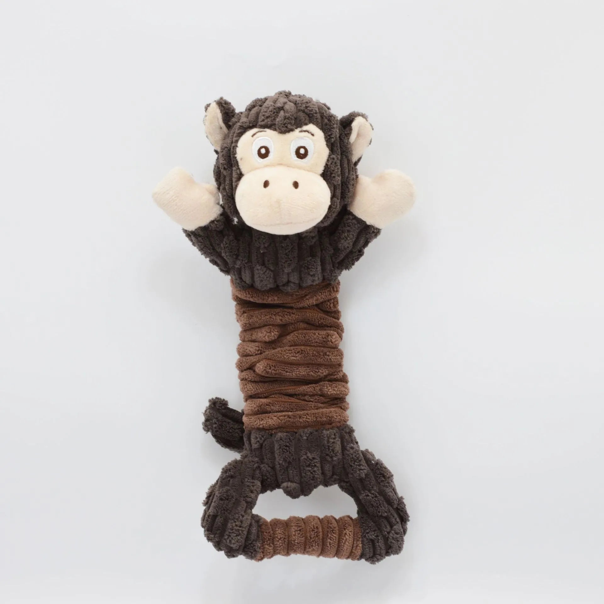 Large plush squeaky dog toy in hippo or monkey design with a handle for tug of war.