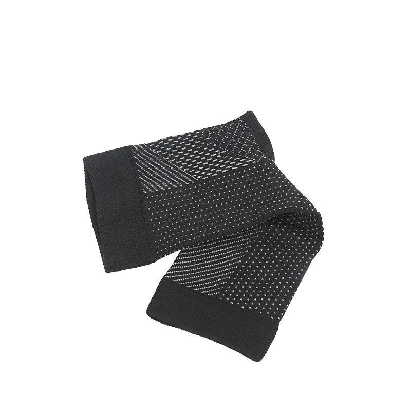 Open-toe compression foot sleeves in white and black nylon spandex with arch and ankle support for sports
