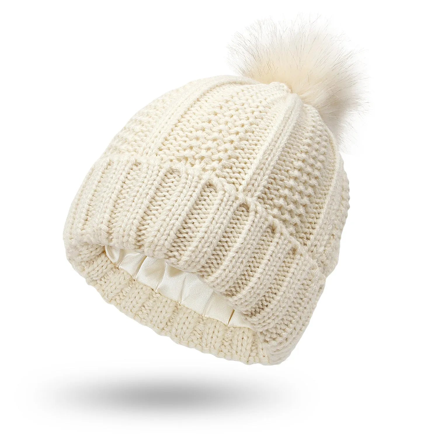 Women's satin lined wool beanie with faux fur pom pom in classic winter colours