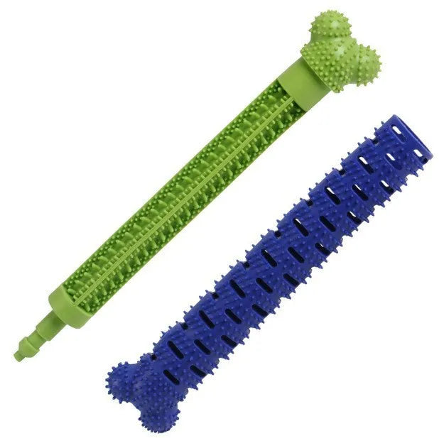 Blue silicone dog molar tooth cleaner brushing stick with serrated head and nodules for dental care