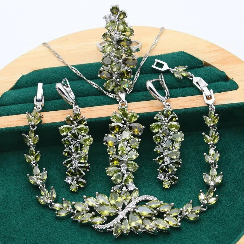 Retro alloy copper inlaid zircon jewellery set with plant and flower pattern in olive purple and colourful