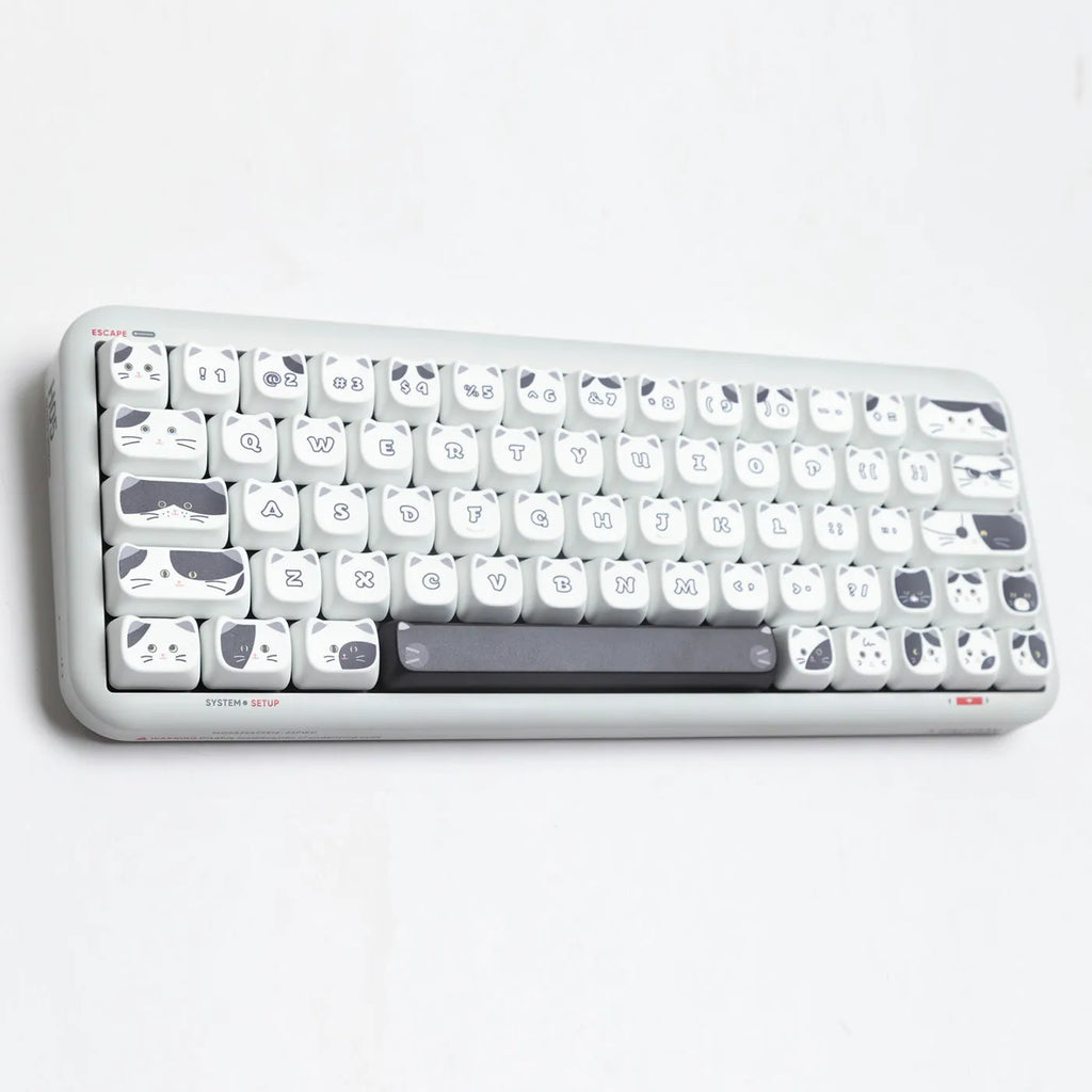 Full set of black and white kitten sublimation keycaps on a mechanical keyboard, PBT material, MAO profile