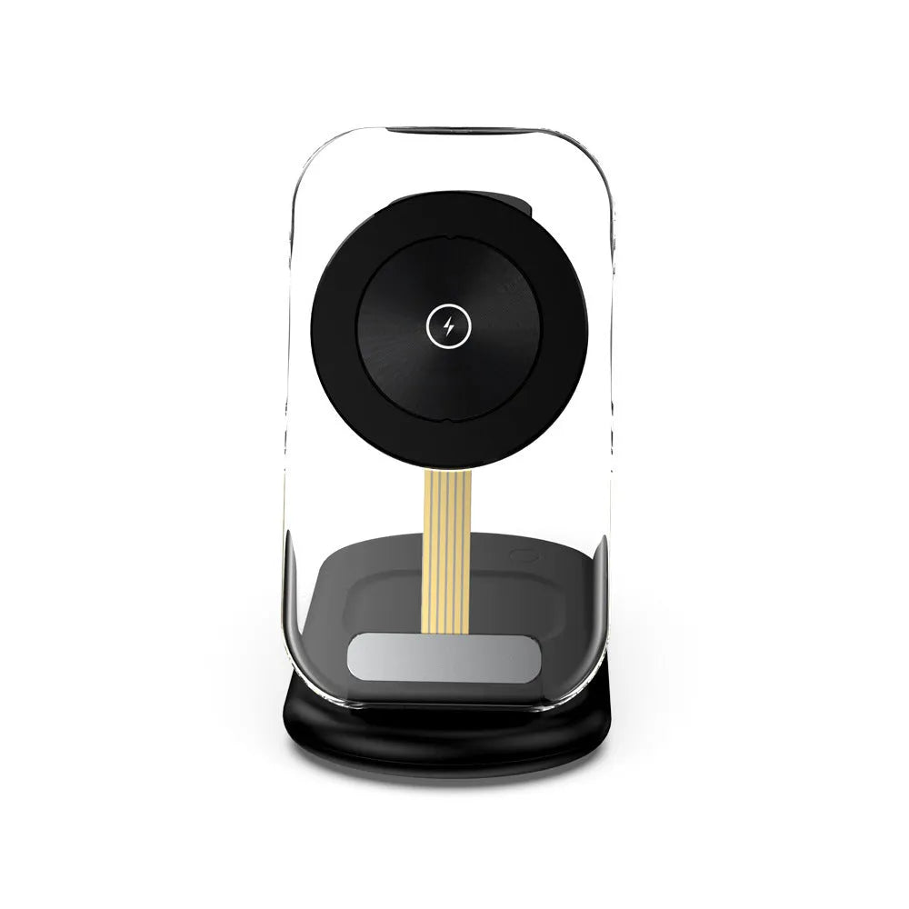 Transparent folding three-device magnetic wireless charger showing internal components