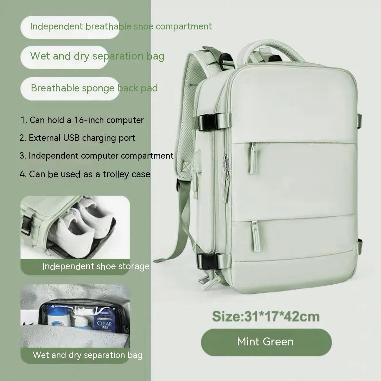 Large waterproof mummy-style backpack in nylon, shown in a selection of colours including black, mint green, and pink.