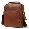 Men's brown Crazy Horse leather retro style crossbody bag with sewing line details.