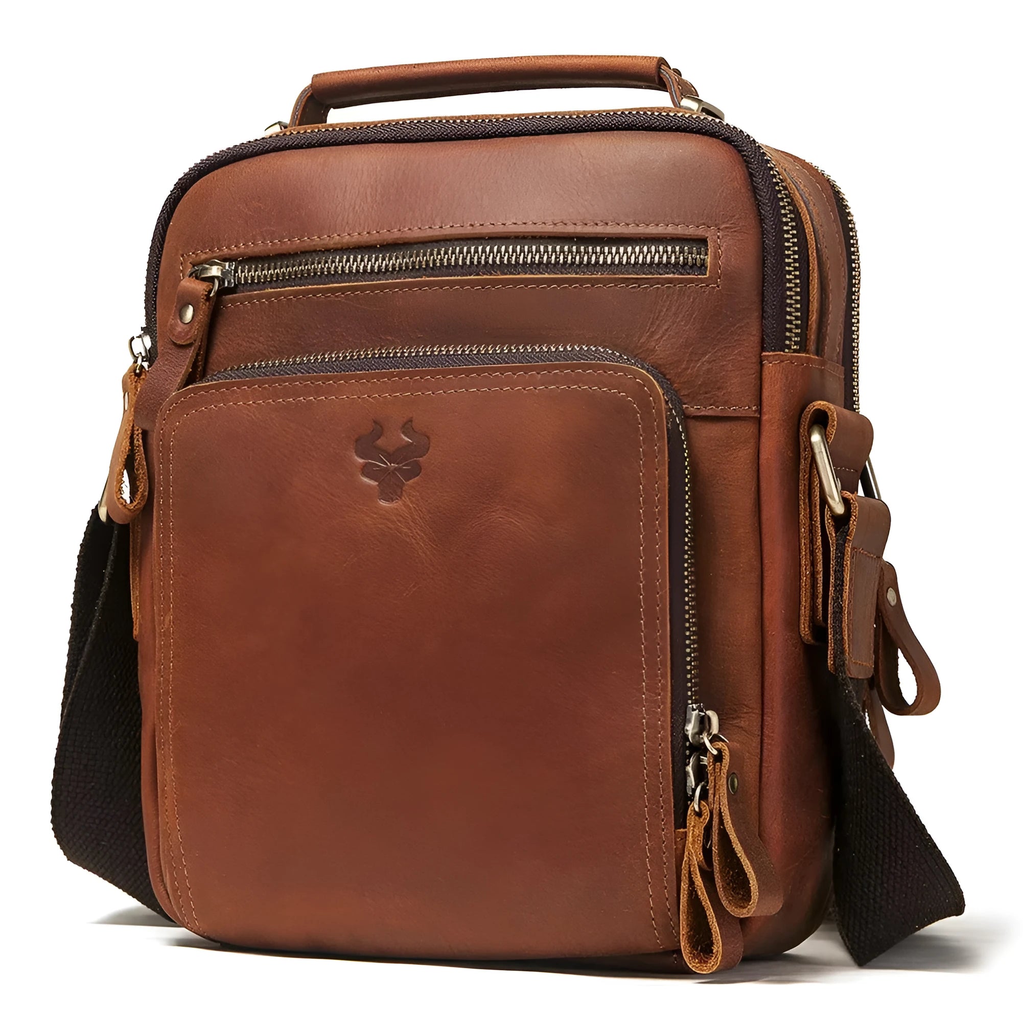 Men's brown Crazy Horse leather retro style crossbody bag with sewing line details.
