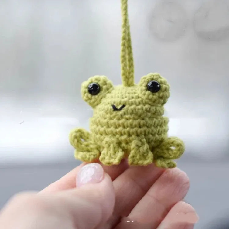 Handmade green plush frog woven pendant for car rear-view mirror.