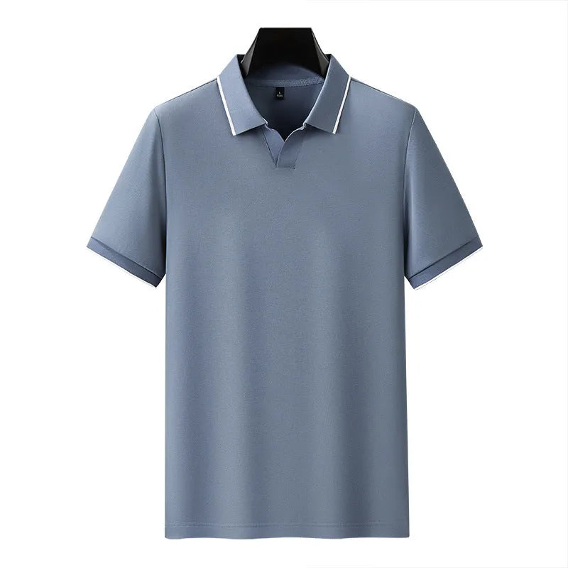 Men's short sleeve polo shirt in mercerized cotton blend fabric with lapel collar, shown in multiple colour options