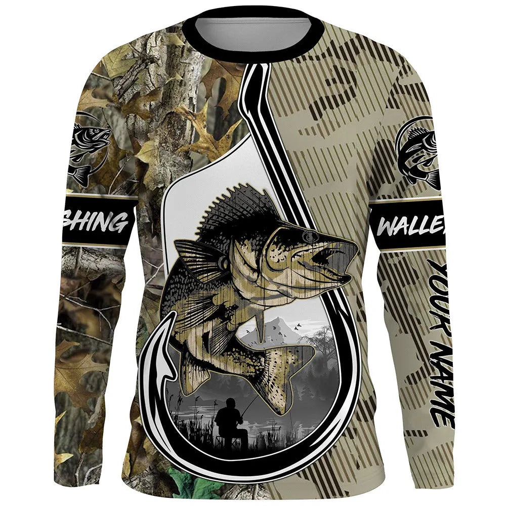 Men's grey round neck pullover with a colourful printed fish design on the front.