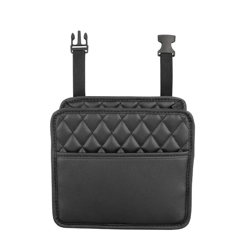 Leather car hanging storage bag in black showing 25cm compact design for vehicle interior organisation