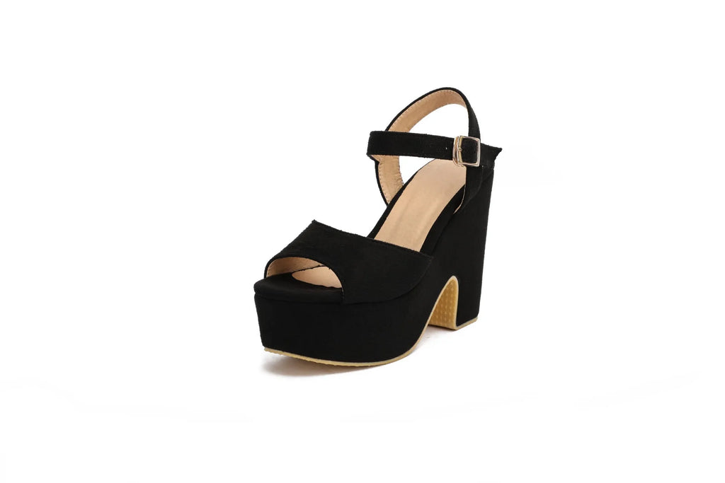 Women's black suede platform sandals with ankle straps and open toe design for plus size feet