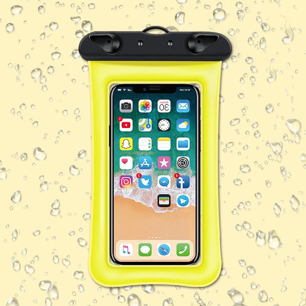 Orange waterproof phone pouch with black neck rope on a blue background.