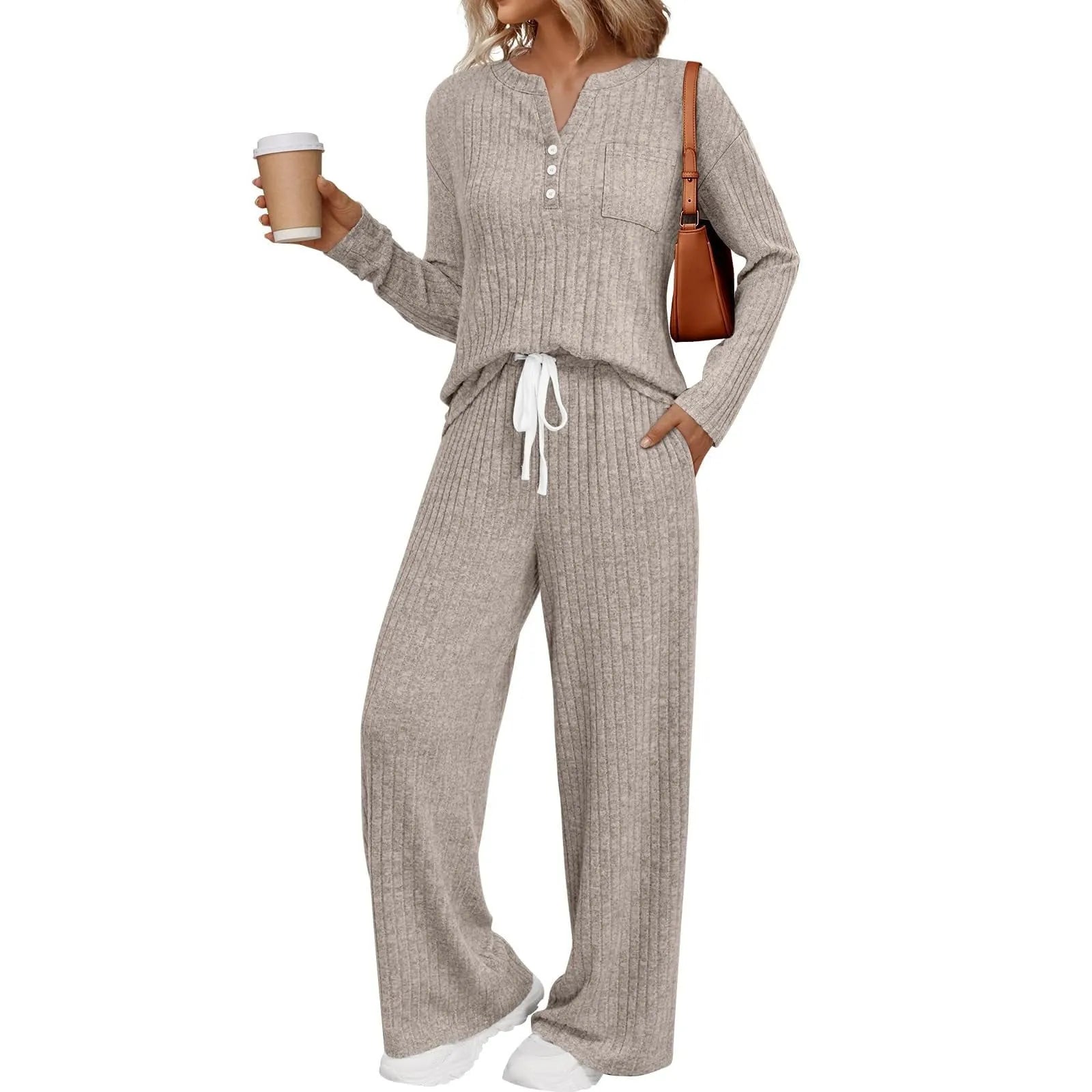 Women's striped knit long coat with V-neck, long sleeves, lace-up details and side pockets