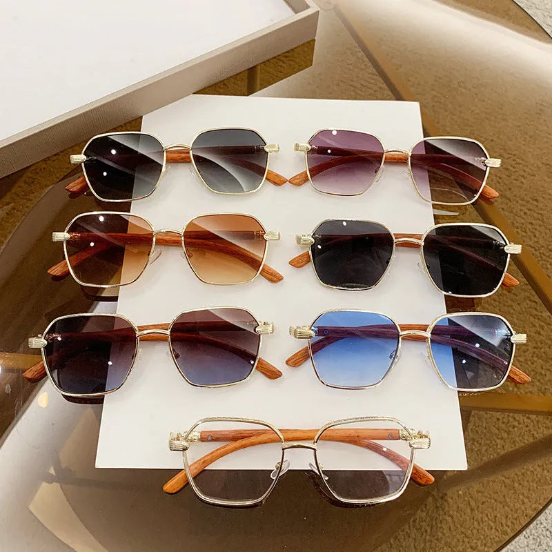 Women's frameless trim glasses with wood grain pattern alloy frame in gold colour variations