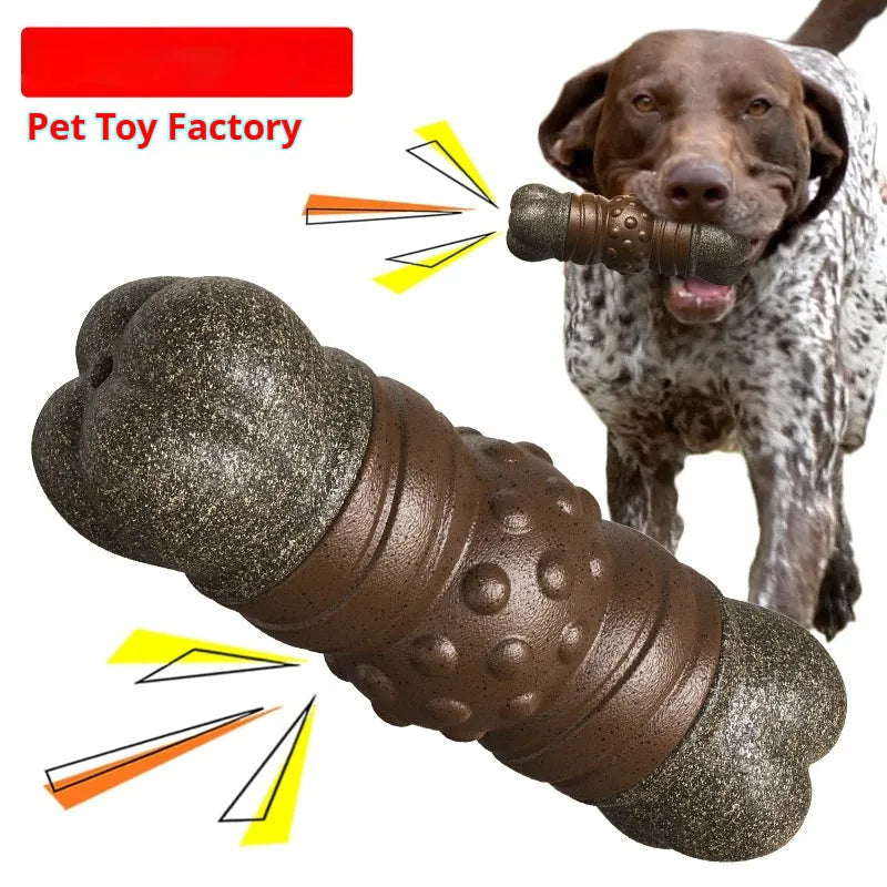 Wood colour plastic dog toothbrush toy with sounding bone design and molar rod texture