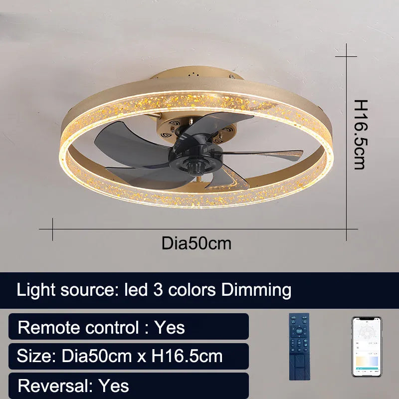 Nordic style ceiling fan lamp with remote control in coffee gold colour, 50cm diameter with LED lights