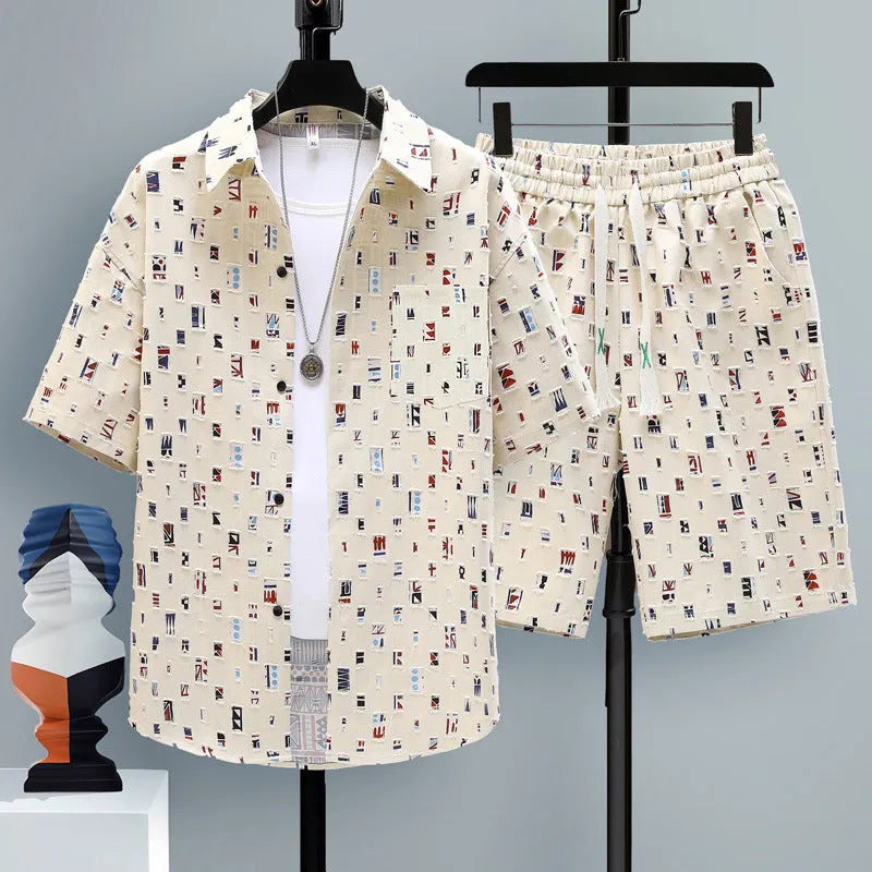 Men's grey casual polyester short sleeve top and matching shorts laid flat.