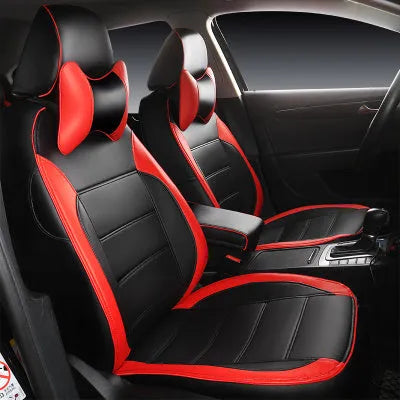 Leather car seat cover in beige and black with red accent colour options, showing binding style edges.