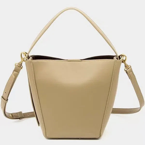 Urban minimalist crossbody shoulder bag in bucket style, PU material, solid colour, three-dimensional outer pocket, available in black, army green, and wine red