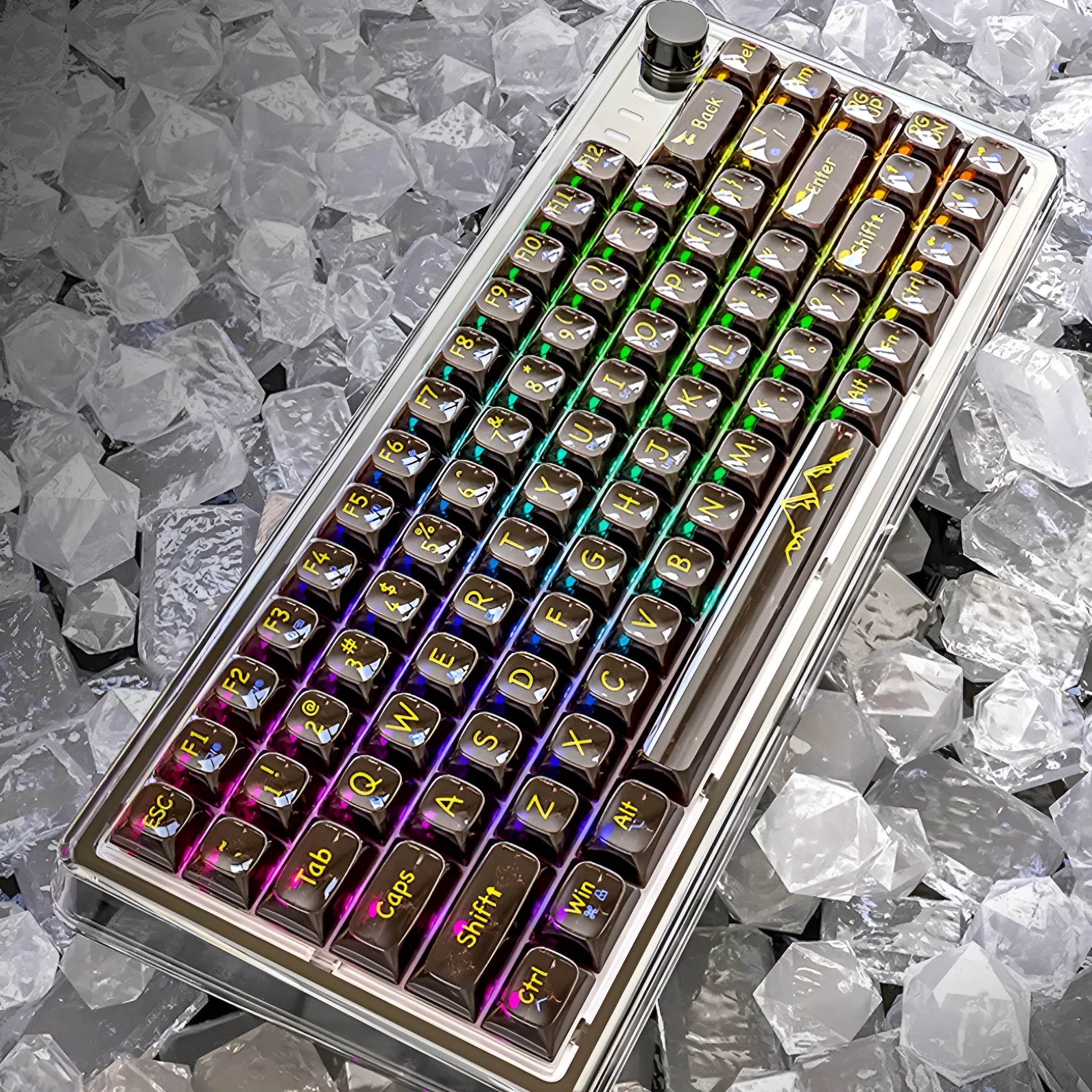 Attack Shark K75RGB wireless mechanical keyboard with transparent PC case showing RGB lighting