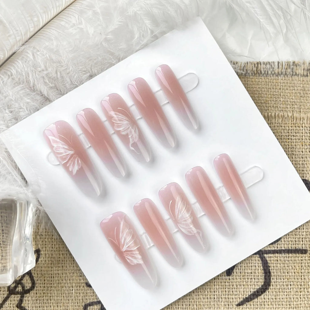 Chinese style butterfly oval almond press-on nails 40pcs matte and glossy finish options on display