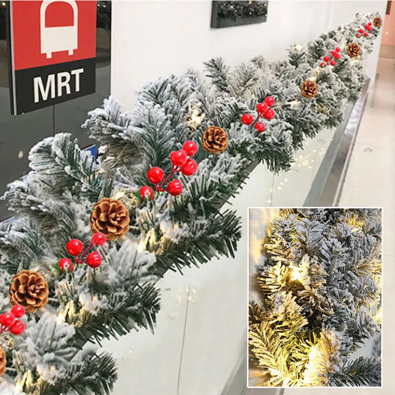 Artificial rattan Christmas garland with white flocking snow decoration in various lengths