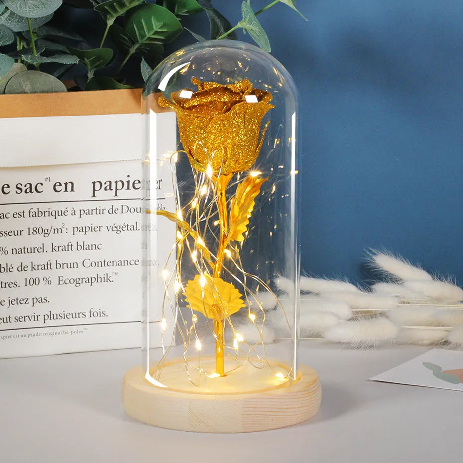 Eternal rose in glass cover with LED light on, seven colour options, handmade copper wire stem