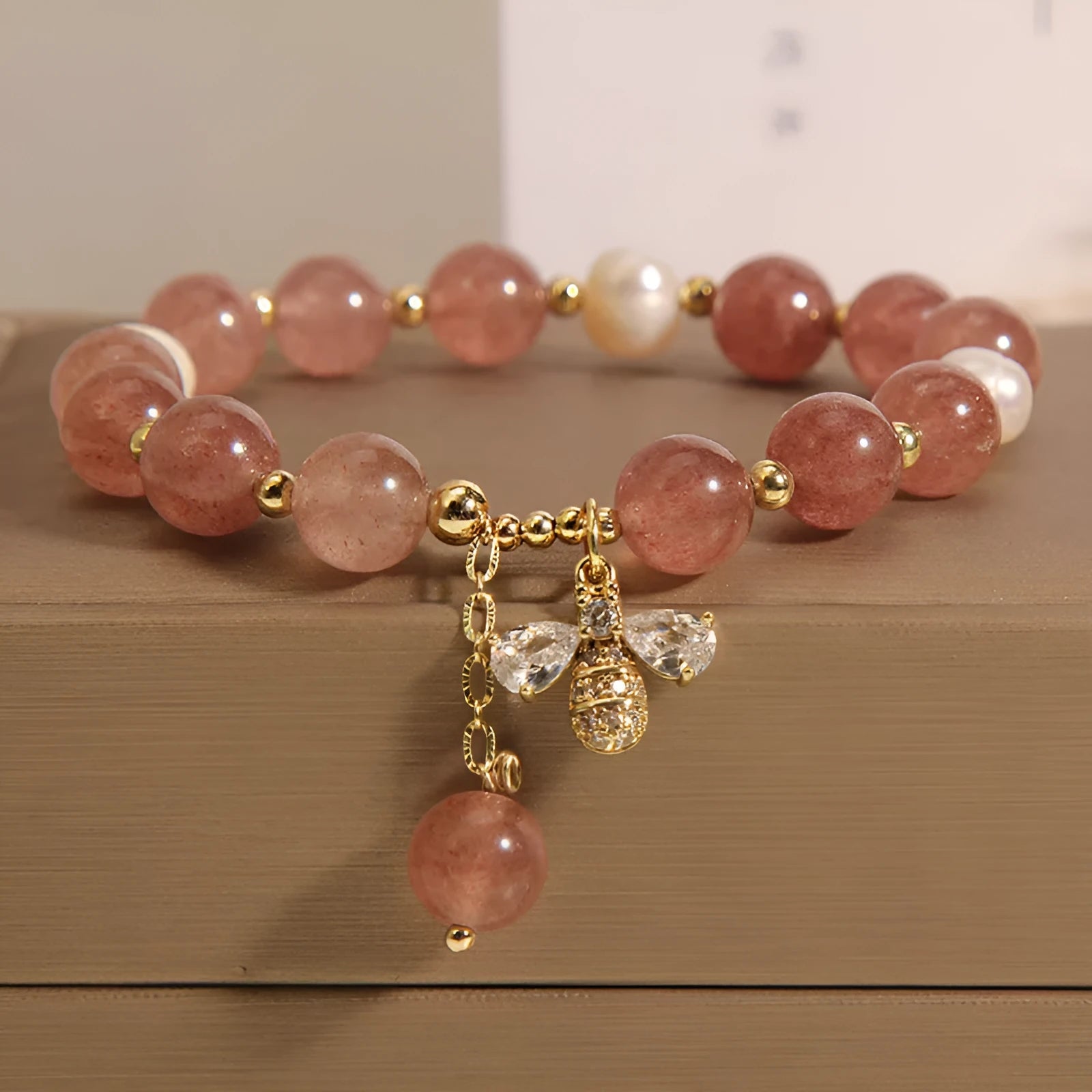 Women's strawberry quartz freshwater pearl bracelet with alloy beads and zircon accents