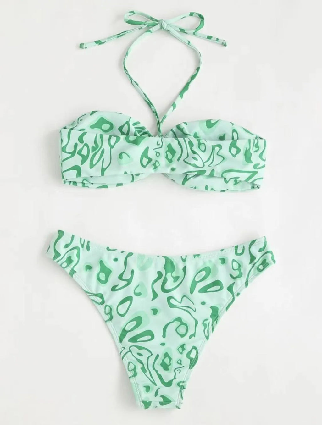 Green floral bandeau bikini swimsuit set with backless design and split bottoms
