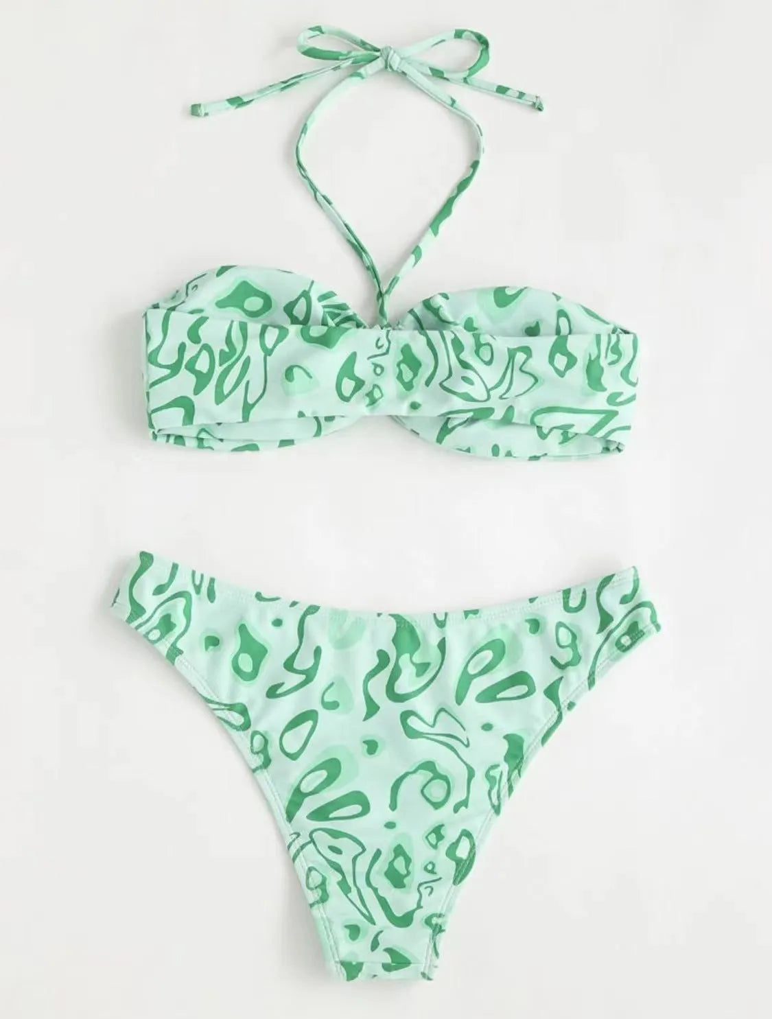 Green floral bandeau bikini swimsuit set with backless design and split bottoms