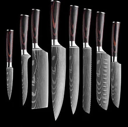 Chef knife with laser Damascus pattern blade, colour steel handle, showing 18cm blade length