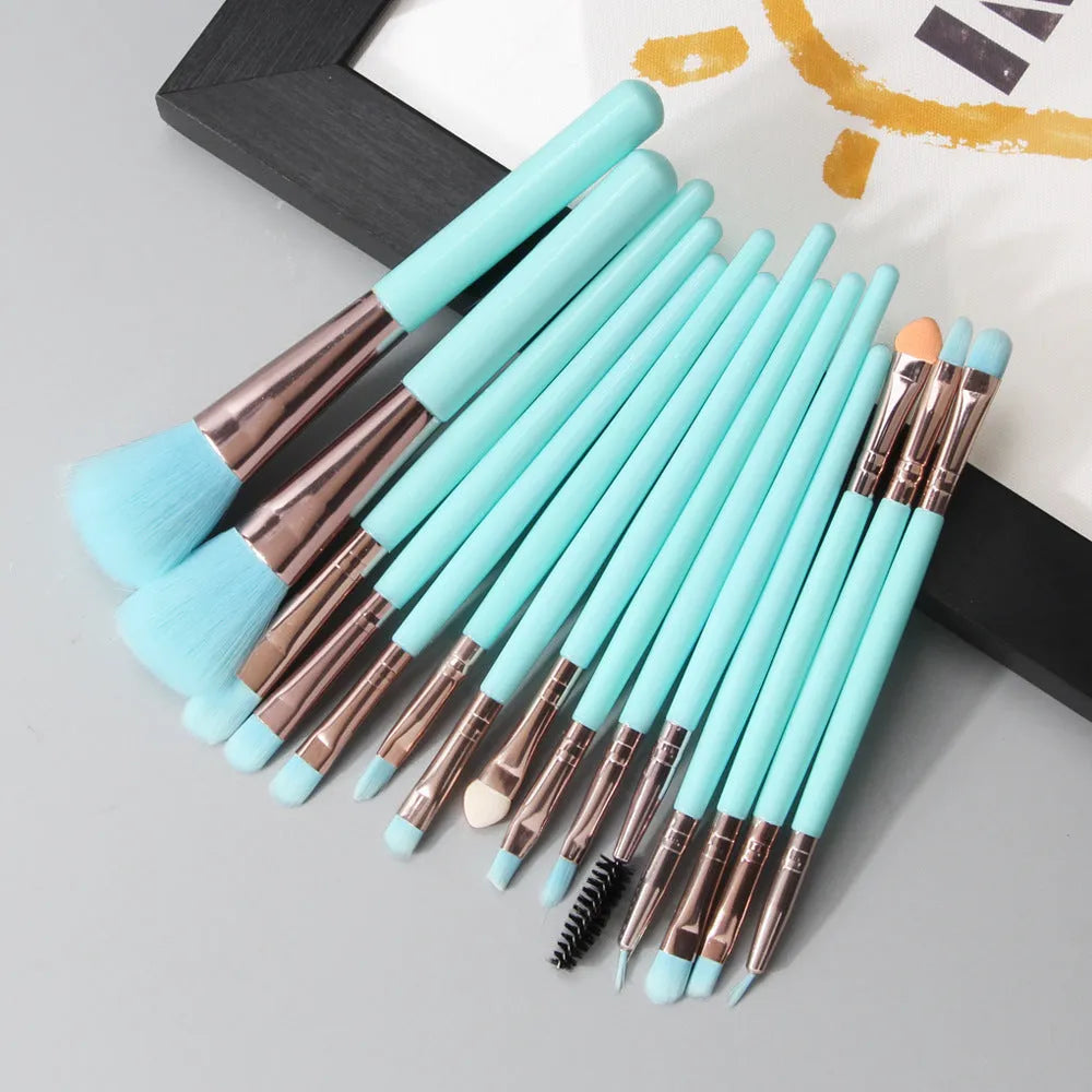 18-piece makeup brush set with fan-shaped tools in multiple styles for professional and home makeup application