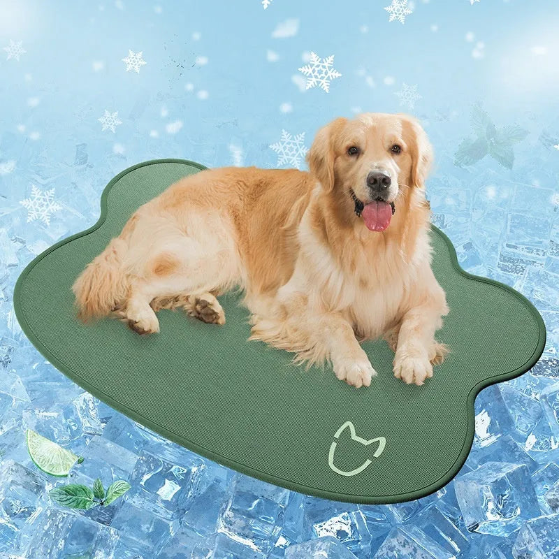 Ice silk dog cooling mat with dog head pattern in four colour options on non-slip base