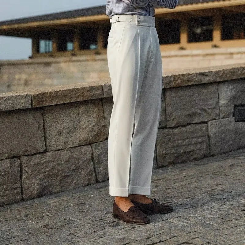 Men's slim fit suit trousers in chemical fibre blend with straight leg business formal styling