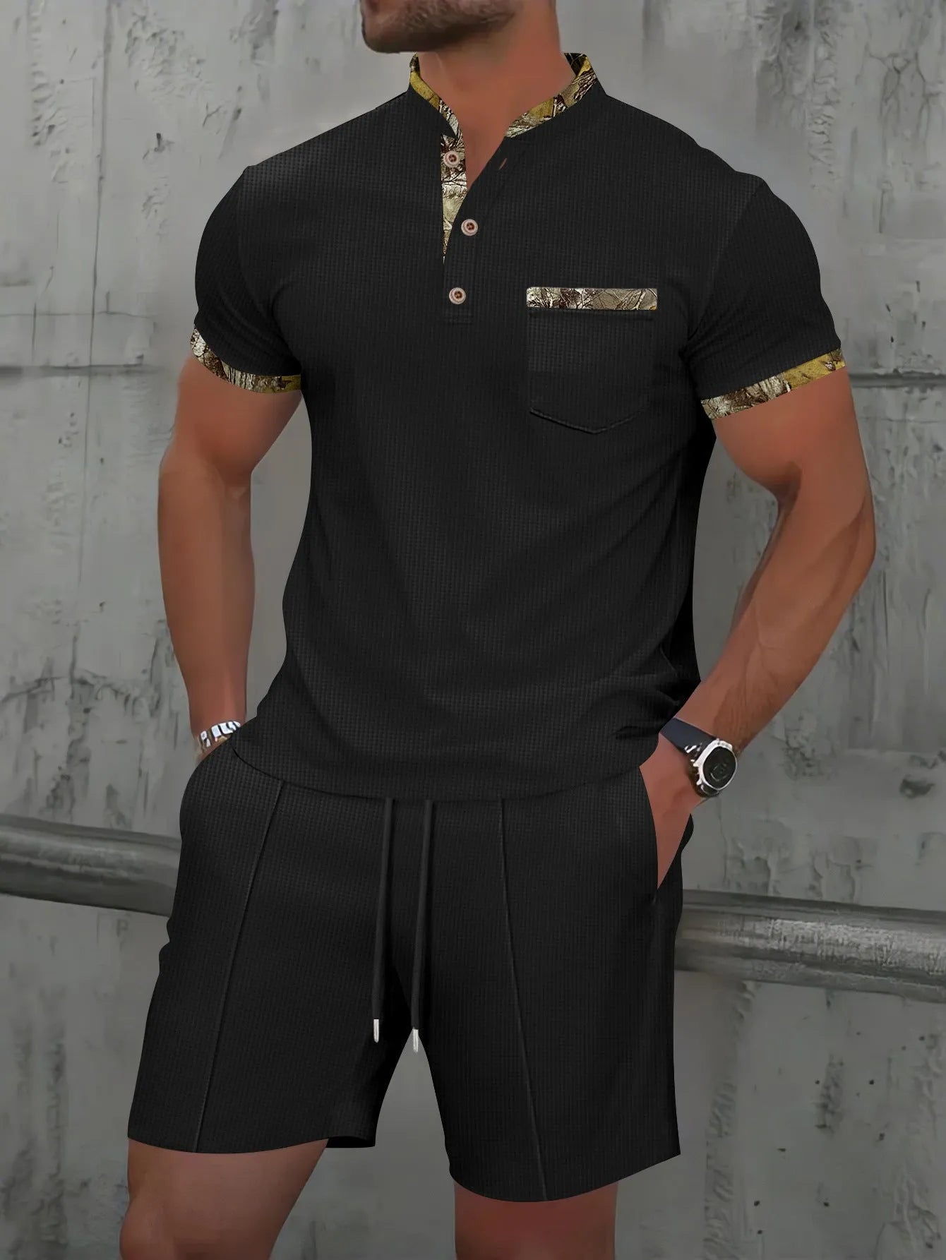 Men's waffle texture short sleeve suit set with zipper polo collar and shorts in solid colour