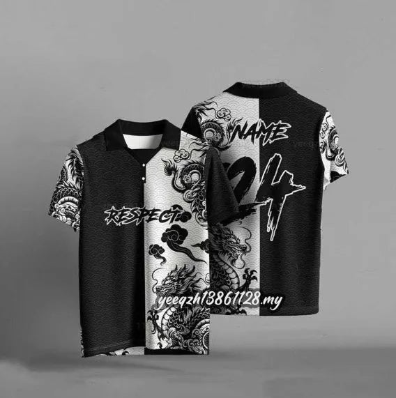 Black loose fit t-shirt with 3D digital print design, short sleeves, polyester fabric