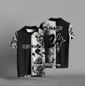 Black loose fit t-shirt with 3D digital print design, short sleeves, polyester fabric