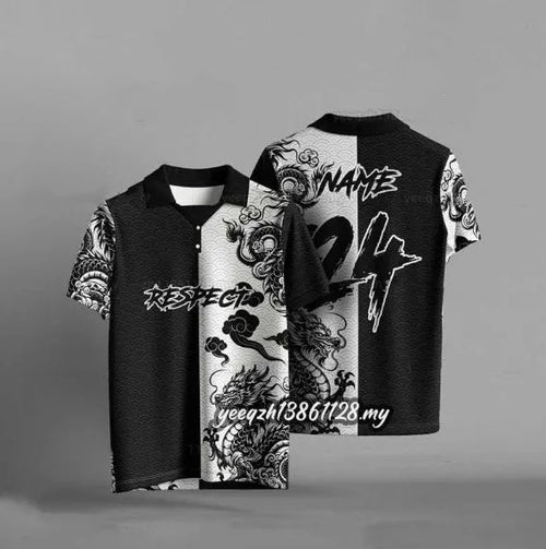 Black loose fit t-shirt with 3D digital print design, short sleeves, polyester fabric